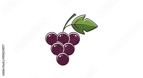 Stylized purple grape bunch icon with green leaf isolated on white background.