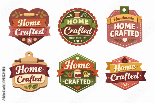 Collection of home crafted labels and badges, presenting handmade quality for artisan products and diy goods