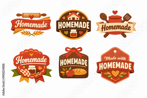 Set of homemade food labels and badges showcasing traditional baking and organic cooking concepts with ingredients