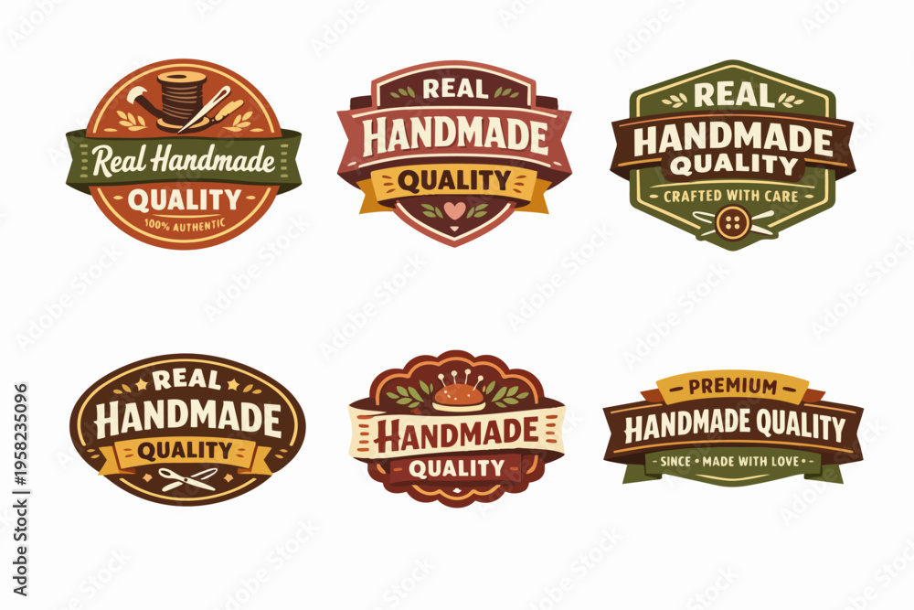 Obraz premium Set of handmade quality badges, banners, and logos promoting craftmanship, artisan products, and genuine quality with care