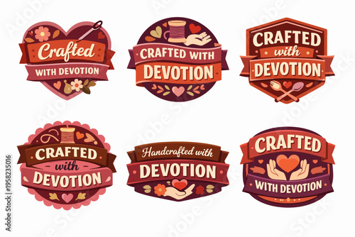 Crafting devotion labels and emblems, emphasizing handmade quality, crafting, sewing, knitting, and cooking with love