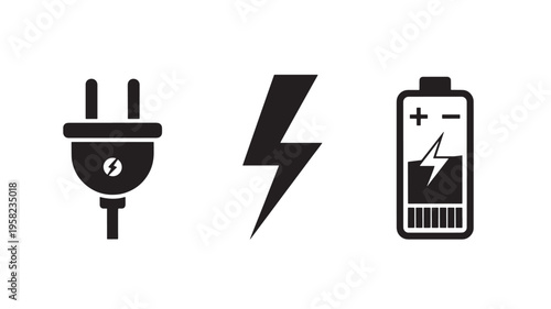 Electricity Icons Set with Plug Battery and Lightning Bolt Symbols for Power Energy and Electrical Concepts