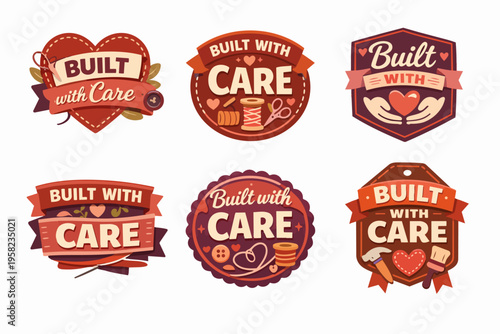 Collection of built with care badges representing handmade, craftsmanship, artisan quality, and diy creativity