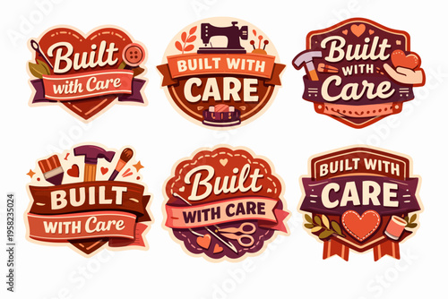 Handcraft badges with text built with care and various tools for sewing, carpentry, and handmade products