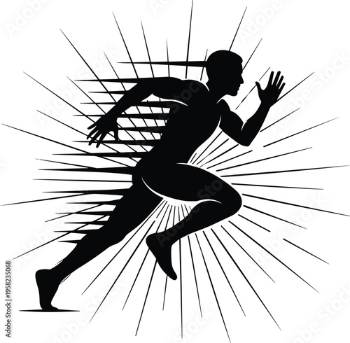Silhouette of sprinter in motion, dynamic running pose, speed lines background, athletic energy concept, fitness motivation, sports action, fast movement, power burst