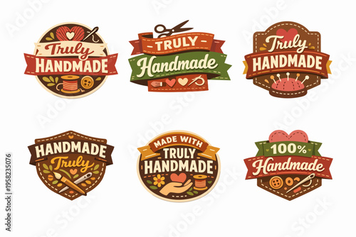 Six truly handmade labels and badges creating a vintage and retro concept for crafts, sewing, or knitting products