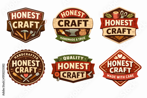 Set of honest craft badges and logos showing handmade and artisanal concepts, tools, and quality in vintage style