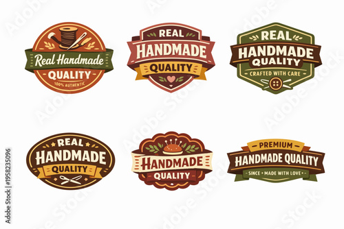 Set of handmade quality badges, banners, and logos promoting craftmanship, artisan products, and genuine quality with care