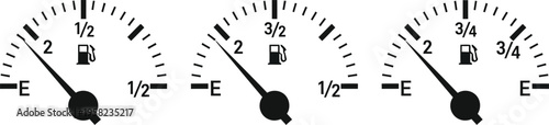Three fuel gauge dials with varying needle positions