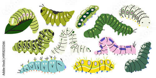 Set of colorful funny hand drawn caterpillars and larvae. Cute cartoon insect collection for nature education, kids books, stickers, scrapbooking and nursery decor. Vector illustrations