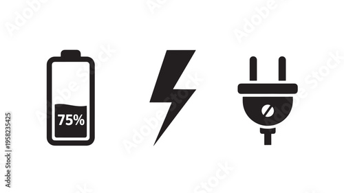 Battery Charging Icon with Lightning Bolt and Power Plug Symbol for Electricity Energy and Power Supply Concepts