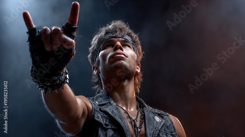 Rock and Roll Gesture: A charismatic musician channels the energy of rock and roll, extending a hand in the iconic 'horns' gesture, radiating the spirit of the music and rebellion.