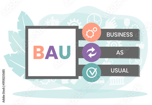 BAU - Business as Usual. business concept background. vector illustration concept with keywords and icons. lettering illustration with icons for web banner, flyer, landing page, presentation