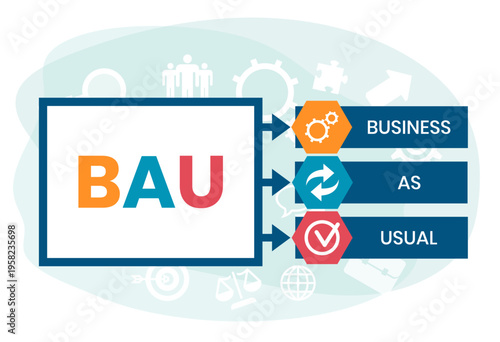 BAU - Business as Usual. business concept background. vector illustration concept with keywords and icons. lettering illustration with icons for web banner, flyer, landing page, presentation
