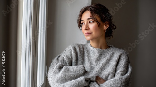 Contemplative Beauty: A young woman with a serene expression gazes out of a window, bathed in soft, natural light, lost in thought and contemplation. 