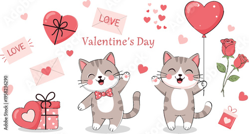 Cute Valentine’s Day Cats with Gifts, Balloons, and Roses – Adorable Love-themed Vector Illustration for Romantic Designs