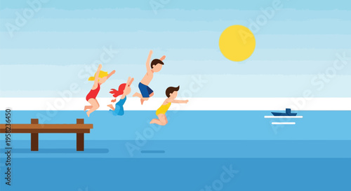 Vector illustration of people jumping into ocean on sunny day