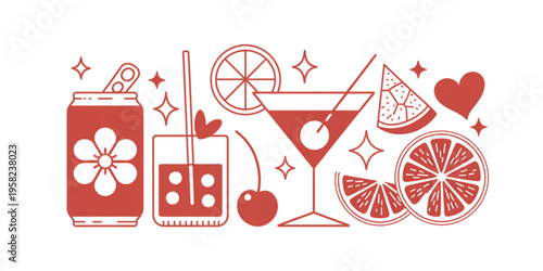 Decorative illustration featuring a collection of summer cocktails and fresh citrus fruit slices Vector