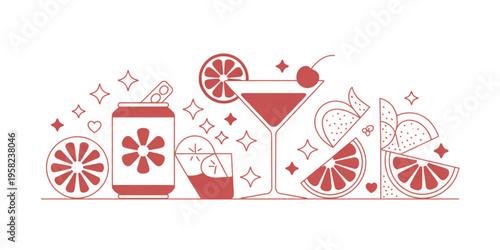 Decorative illustration featuring a collection of refreshing summer beverages and citrus fruit slices Vector