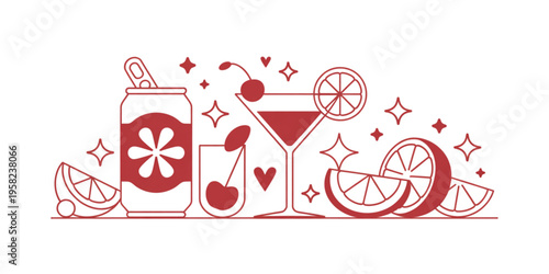 Minimalist red line art illustration featuring a soda can and various festive cocktail drinks Vector