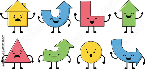 Cute Geometric Shape Character Vector Set Featuring Circle Triangle Square Arrow Puzzle Cartoon Mascots for Kids Learning Education Design Flat Illustration Collection