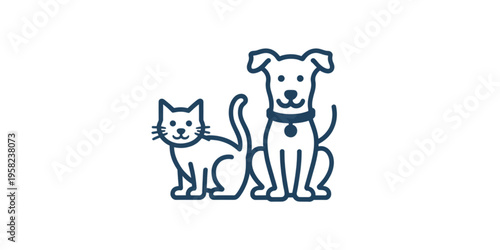 A minimalist line art illustration featuring a friendly domestic dog and a small sitting cat Vector