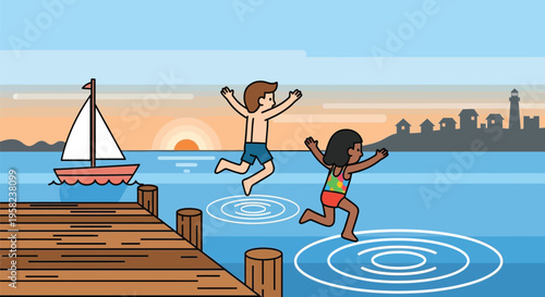 Vector illustration of kids jumping into water from dock at sunset