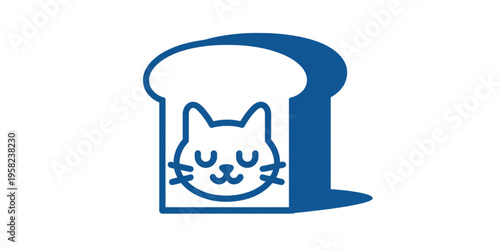 A cute blue graphic icon depicting a cat face centered inside a slice of toasted sandwich bread Vector