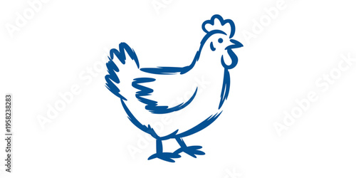 A simple hand drawn blue ink sketch of a domestic hen standing in a side profile orientation view Vector