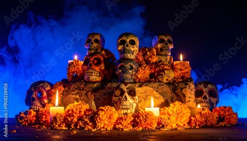 Dia De Los Muertos Altar with Sugar Skulls and Marigolds.