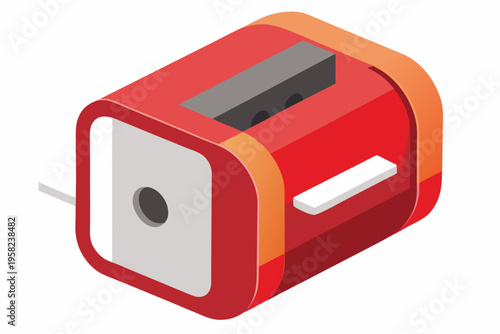 A red and orange isometric illustration of a paper shredder on a white background