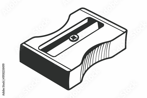 A black and white illustration of a pencil sharpener with a sleek design