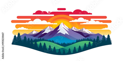 Stylized Mountain Landscape Badge with Sunset Sky and Pine Forest Illustration