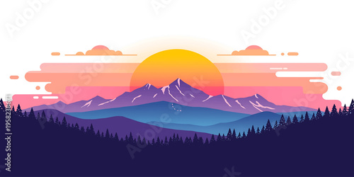 Stylized Mountain Landscape with Sunset Gradient and Minimal Forest 