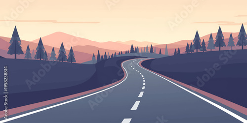 Winding Road Through Hills at Sunset with Minimal Landscape Design