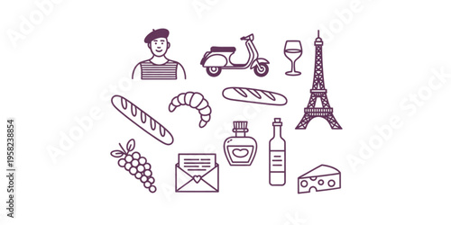 Set of various icons representing the iconic culture and culinary landmarks of beautiful paris france Vector