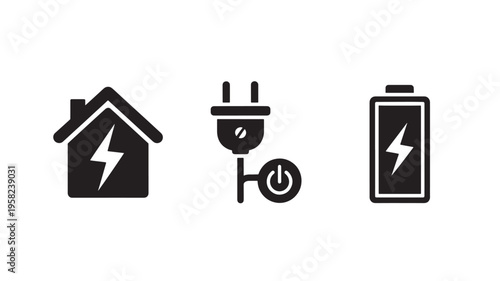 Energy Efficient Home Icons with Lightning Bolt Battery and Plug Symbols for Eco Power and Sustainable Living Concepts