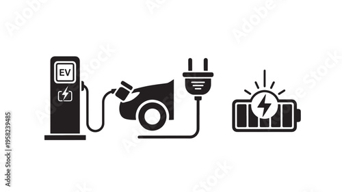 Electric Vehicle Charging Station Icon with Car Battery Plug and EV Energy Symbols for Sustainable Transport Concepts