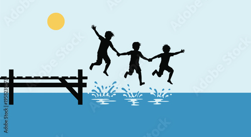 Vector illustration of three children jumping into water from dock at sunset
