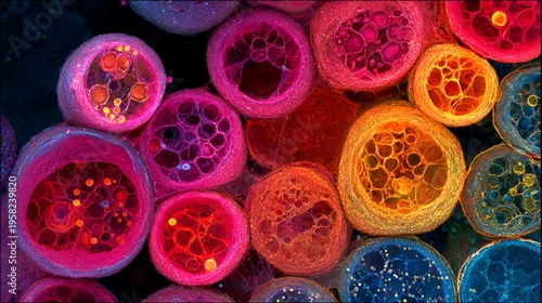 An abstract, vibrant collection of multicolored circular forms creates an intriguing cellular or biological patterned background illustration