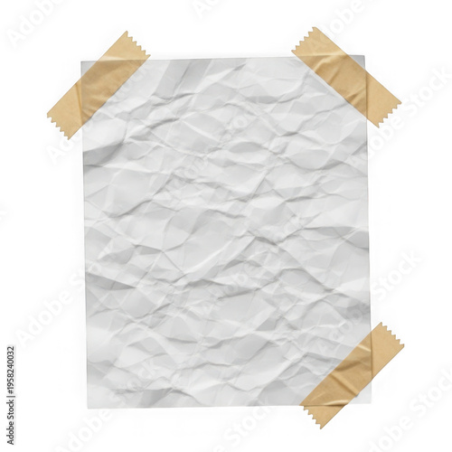 A crumpled piece of paper secured with brown tape strips on two corners