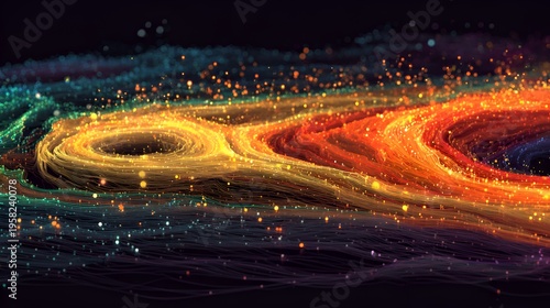 Abstract colorful swirling lines flow together with vibrant glowing particles creating a mesmerizing galaxy effect against a dark background.
