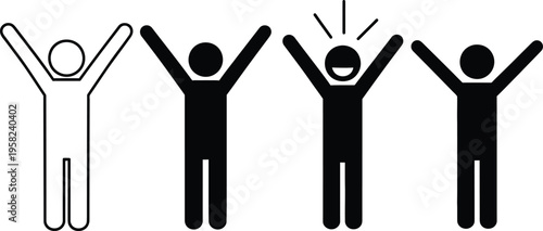 Four stick figures celebrating with raised arms