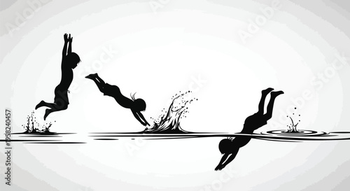 Diving, swimming, silhouettes, motion sequence, black, white, illustration, eps