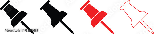 Push Pin Icon Set Vector Illustration – Black and Red Thumbtack Symbol Collection