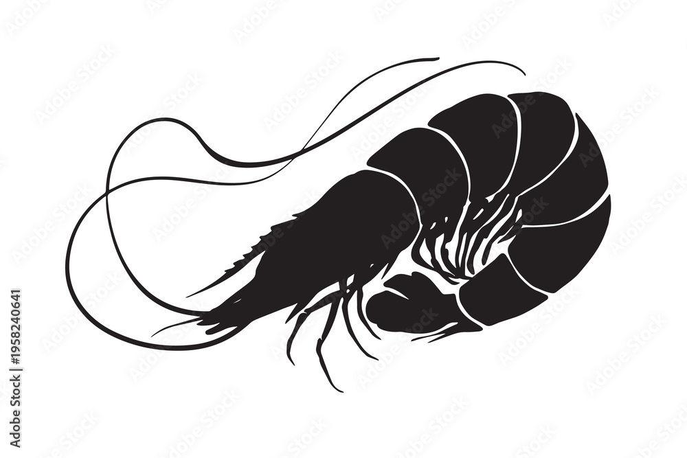 Fototapeta premium Black silhouette of shrimp. Seafood prawn simbol. Shrimp icon. Vector illustration.