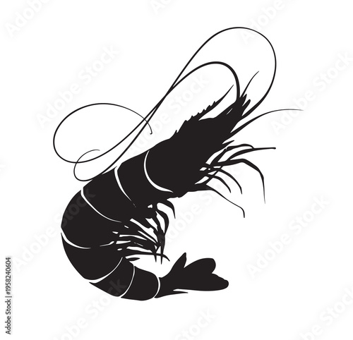 Black silhouette of shrimp. Seafood prawn simbol. Shrimp icon. Vector illustration.