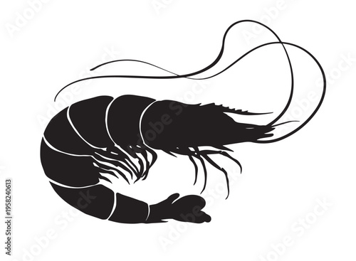 Black silhouette of shrimp. Seafood prawn simbol. Shrimp icon. Vector illustration.