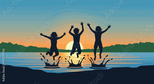 Vector illustration of three people jumping in water at sunset