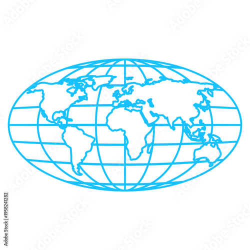 Oval globe outline with world map borders and grid lines in bright cyan vector illustration
